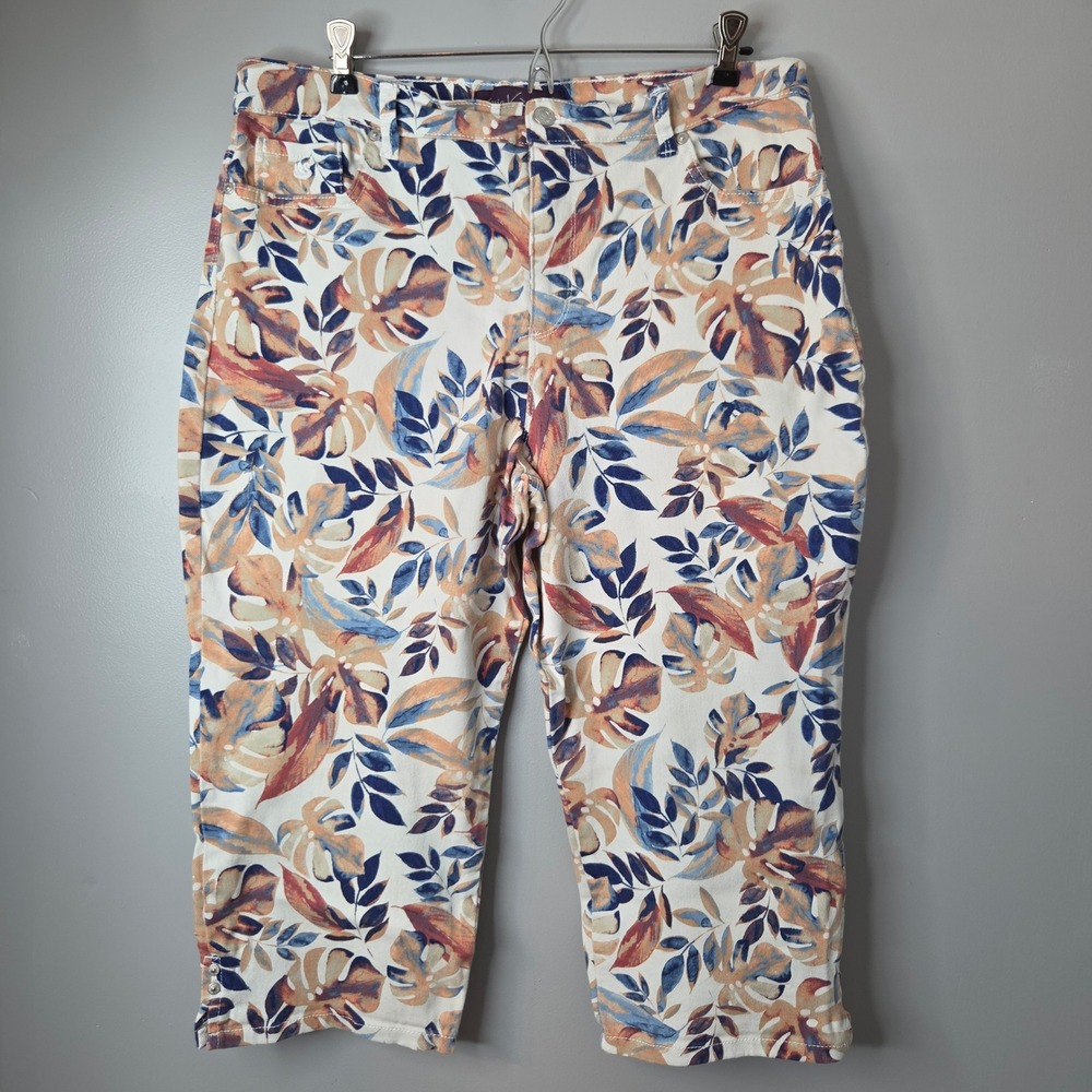 Gloria Vanderbilt Amanda Capri Pants 14 Tropical Monstera Leaf Print Blue Orange - Picture 1 of 8